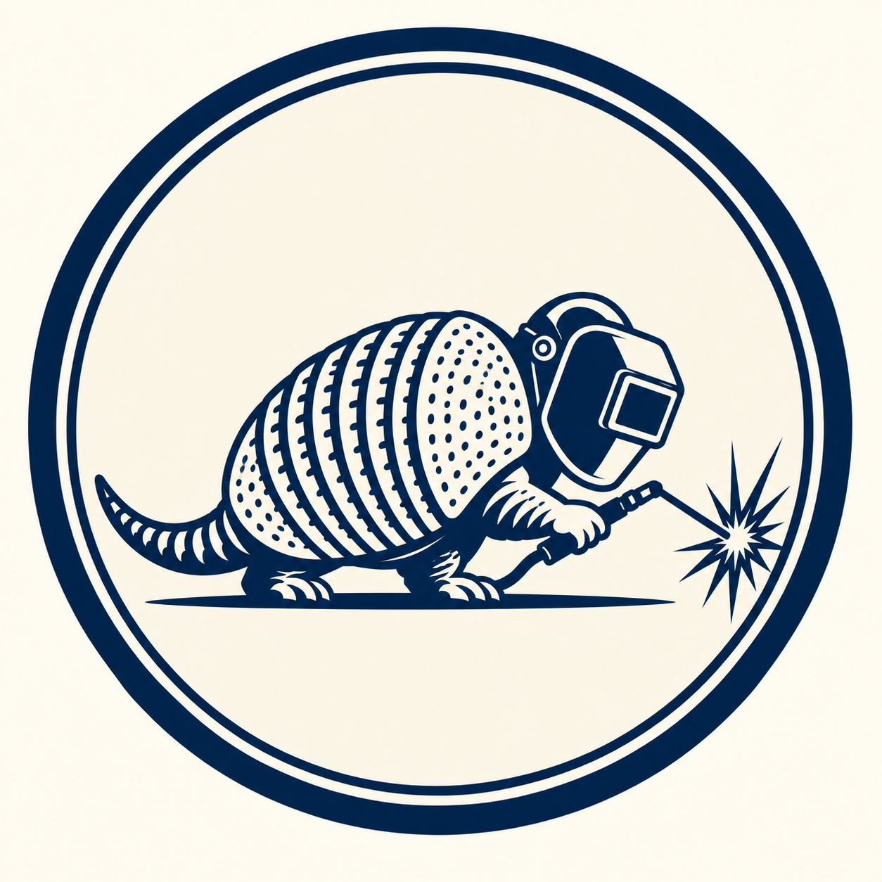 Longshell Steel’s armadillo mascot wearing a welding helmet and holding a welding torch